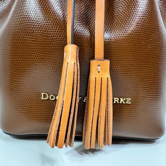 Dooney & Bourke Leather Drawstring Bucket Shoulder Bag Brown/Cream - Picture 4 of 14